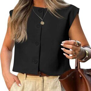 Womens Cropped Cap Sleeve Vest Tank Tops Summer Work Casual Crew Neck Button Dow